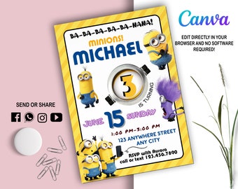 Minions Invitation l Kids invitation l Digital Party Invite l Modern Birthday Template Printable l Editable in Canva l Instant Download