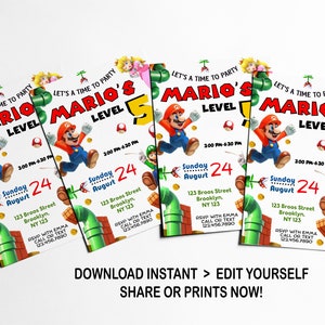 Puede incluir: Cuatro invitaciones imprimibles para una fiesta con tem&aacute;tica de Mario. Las invitaciones son blancas con un tema de Mario rojo, verde, amarillo y azul. Las invitaciones dicen "Let's a time to party Mario's Level 5" con una fecha y hora del domingo 24 de agosto, de 3:00 PM a 6:30 PM. Las invitaciones tambi&eacute;n incluyen una direcci&oacute;n e informaci&oacute;n de RSVP.