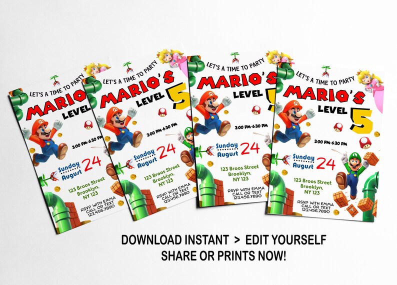 Puede incluir: Cuatro invitaciones imprimibles para una fiesta con tem&aacute;tica de Mario. Las invitaciones son blancas con un tema de Mario rojo, verde, amarillo y azul. Las invitaciones dicen "Let's a time to party Mario's Level 5" con una fecha y hora del domingo 24 de agosto, de 3:00 PM a 6:30 PM. Las invitaciones tambi&eacute;n incluyen una direcci&oacute;n e informaci&oacute;n de RSVP.