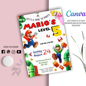 Convite Mario Bros l Convite Super Mario l Convite digital para festa l Modelo de aniversário moderno para impressão l Editável no Canva l Download instantâneo