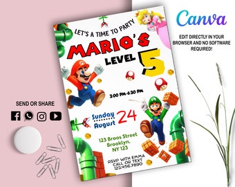 Mario Bros Einladung l Super Mario Einladung l Digital Party Einladen l Modernes Bday Vorlage zum ausdrucken l Bearbeitbar in Canva l Sofortiger Download