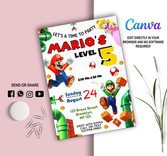 Mario Bros Invitation l Super Mario  invite l Digital Party Invite l Modern Bday Template Printable l Editable in Canva l Instant Download