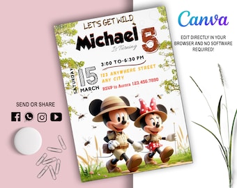 Mickey Safari Invite l Kindereinladung l Digitale Party Evite l Moderne Geburtstagsvorlage zum Ausdrucken l Bearbeitbar in Canva l Sofortiger Download