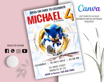 Sonic the Hedgehog Uitnodigen l Kinderuitnodiging l Digitale Party Evite l Moderne verjaardagssjabloon Afdrukbaar l Bewerkbaar in Canva lInstant Download
