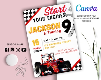 Invitación de coches de carreras l Invitación para niños l Invitación a fiesta digital l Plantilla de cumpleaños moderna imprimible l Editable en Canva l Descarga instantánea
