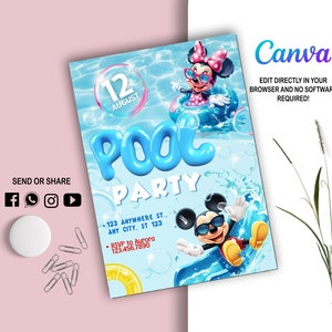 Convite para festa na piscina l Convite do Mickey Minnie l Convite para festa digital l Modelo de aniversário moderno para impressão l Editável no Canva l Download instantâneo