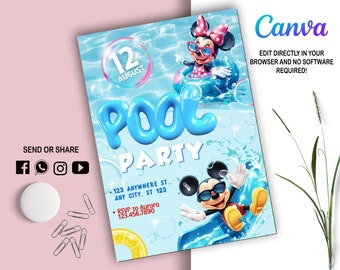 Pool Party Invitation l Mickey Minnie  invite l Digital Party Invite l Modern Bday Template Printable l Editable in Canva l Instant Download