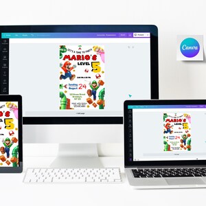 Puede incluir: Una invitaci&oacute;n digital para una fiesta de cumplea&ntilde;os con Mario y Luigi de la serie de videojuegos Super Mario Bros. La invitaci&oacute;n est&aacute; dise&ntilde;ada con un esquema de color verde, rojo y azul e incluye el texto "Let's a Time to Party Mario's Level 5" y "Sunday August 24".