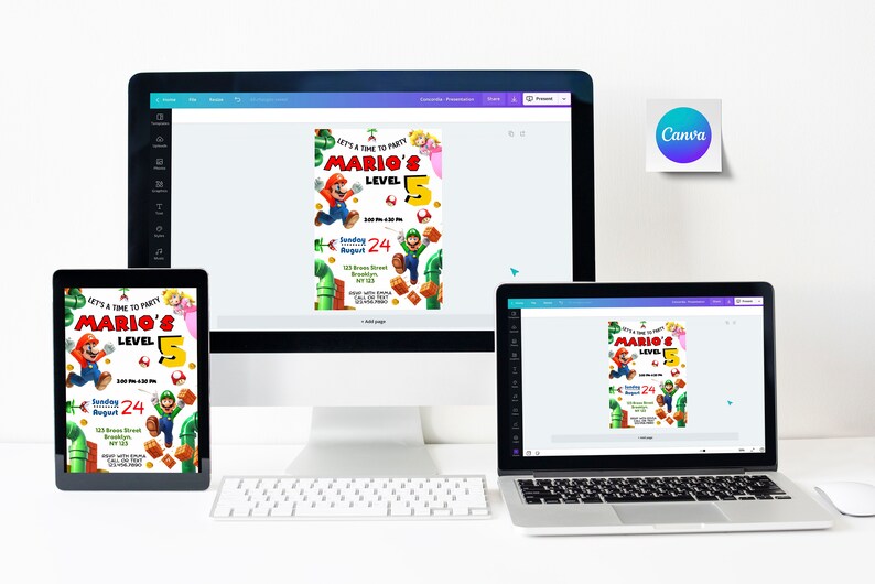 Puede incluir: Una invitaci&oacute;n digital para una fiesta de cumplea&ntilde;os con Mario y Luigi de la serie de videojuegos Super Mario Bros. La invitaci&oacute;n est&aacute; dise&ntilde;ada con un esquema de color verde, rojo y azul e incluye el texto "Let's a Time to Party Mario's Level 5" y "Sunday August 24".