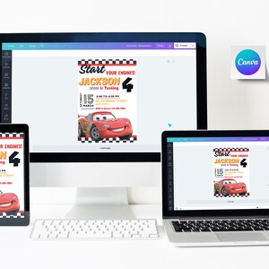 Puede incluir: Una invitaci&oacute;n de cumplea&ntilde;os roja y amarilla con una imagen de dibujos animados de Rayo McQueen de la pel&iacute;cula Cars de Disney Pixar. La invitaci&oacute;n dice "Start Your Engines! Jackson is Turning 4" con una fecha del 15 de marzo.