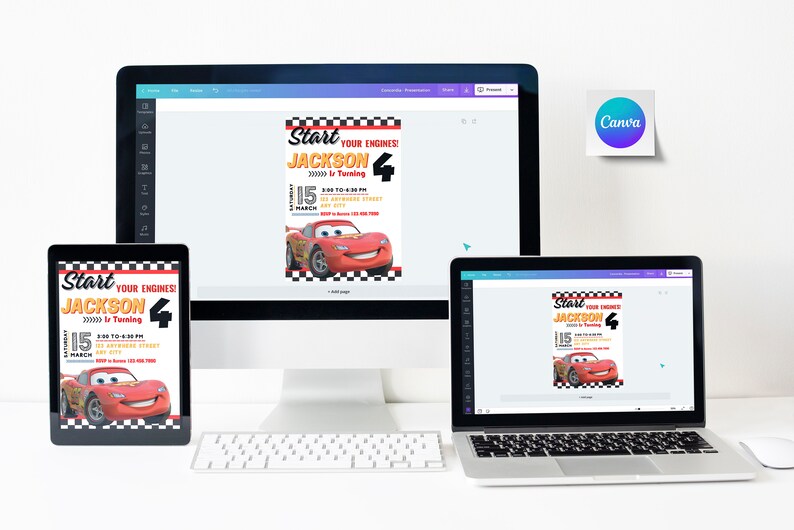 Puede incluir: Una invitaci&oacute;n de cumplea&ntilde;os roja y amarilla con una imagen de dibujos animados de Rayo McQueen de la pel&iacute;cula Cars de Disney Pixar. La invitaci&oacute;n dice "Start Your Engines! Jackson is Turning 4" con una fecha del 15 de marzo.