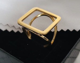 Anillo de mujer, anillo de acero inoxidable dorado, anillo abierto, color dorado, anillo cuadrado calado, anillo calado para mujer, idea de regalo, barato