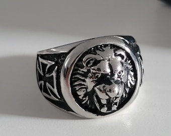 Lion Head Ring | Lion Men's Ring | Lion Head Signet Ring | Celtic Cross Signet Ring | Stainless Steel | Gift For Biker
