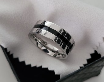 Black line ring for men, Men's ring silver and black, Men's wedding ring, Men's wedding ring, Cheap men's engagement ring