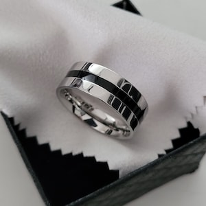 Black line ring for men, Men's ring silver and black, Men's wedding ring, Men's wedding ring, Cheap men's engagement ring