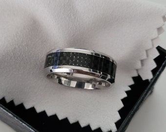 Bague en fibre de carbone noire, Bague homme bande noire, Alliance pour homme, Bague de mariage acier, Anneau de fiançailles homme pas cher