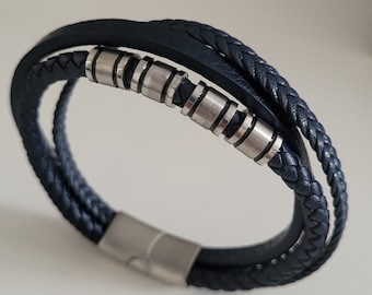 Men's leather bracelet, blue leather men's bracelet, braided leather bracelet, stainless steel, engraving on clasp, Father's Day gift