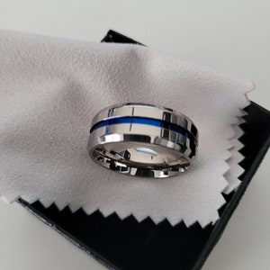 Men's blue line ring, Men's silver and blue ring, Men's wedding ring, Men's wedding ring, Men's engagement ring cheap