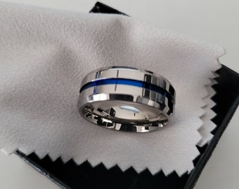 Men's blue line ring, Men's silver and blue ring, Men's wedding ring, Men's wedding ring, Men's engagement ring cheap