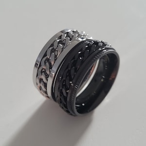 Antistressring, roterende ring, roterende ketting, roestvrij staal, spinring, zwarte kleur, zilver, kerstcadeau, vrouw & man
