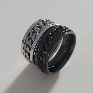 Bague anti-stress, Anneau rotative, chaine tournante, acier inoxydable, spin ring, couleur noire, argent, cadeau noel, femme & homme image 1