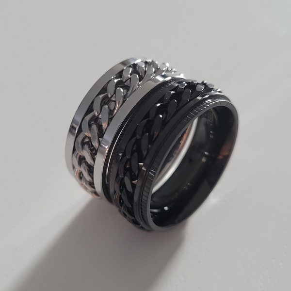 Anti-Stress-Ring, Drehring, rotierende Kette, Edelstahl, Drehring, schwarze Farbe, Silber, Weihnachtsgeschenk, Frau & Mann