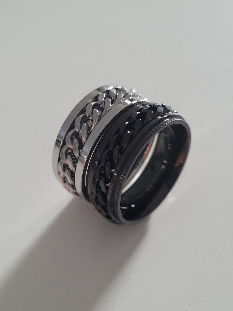 Anti-stress ring, Roterende ring, roterende ketting, roestvrij staal, spin ring, zwarte kleur, zilver, kerstcadeau, vrouw &man afbeelding 1