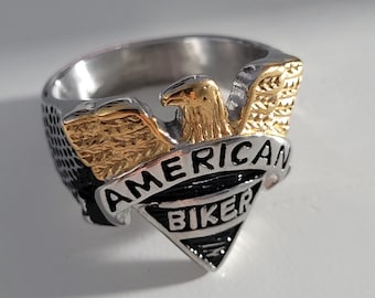 Anillo de motociclista, sello de águila, caballero motero, acero inoxidable, oro, anillo de motociclista americano, anillo de águila, regalo, anillo de hombre, barato