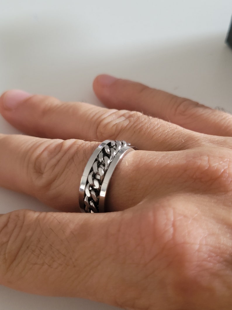 Anillo antiestrés, anillo rotativo, cadena giratoria, acero inoxidable, anillo giratorio, color negro, plata, regalo de Navidad, mujer y hombre imagen 6