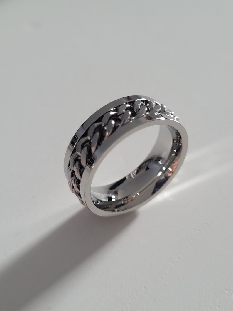 Anti-Stress-Ring, Drehring, rotierende Kette, Edelstahl, Drehring, schwarze Farbe, Silber, Weihnachtsgeschenk, Frau & Mann Silber