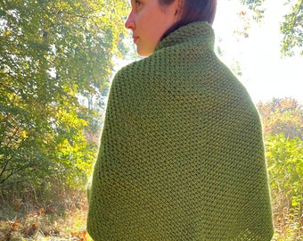 Green wool triangle crochet shawl moss stitch