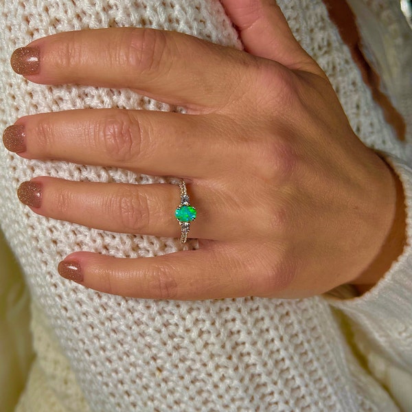Women’s sterling silver green opal ring, sterling silver cz opal statement ring, green lab opal promise ring, green lab opal engagement ring