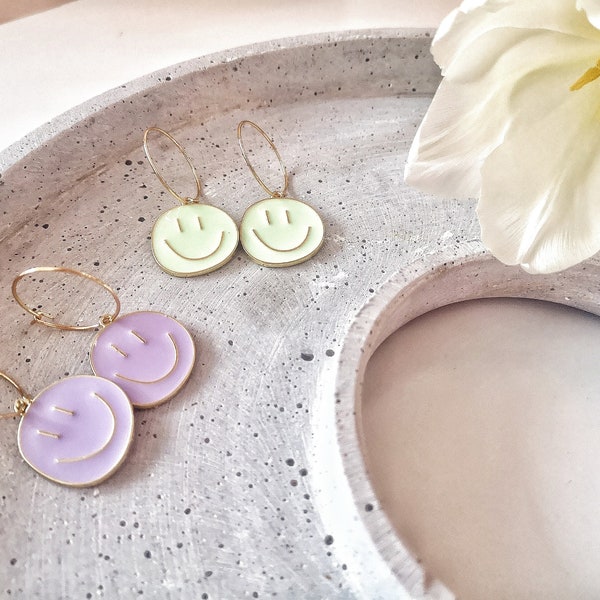 Smiley earrings gold, gold-plated stainless steel hoop earrings with smiley pendants, colorful jewelry