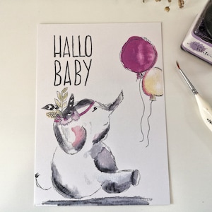 Aquarellkarte Elefant, Glückwunschkarte aquarell, Karte zur Geburt