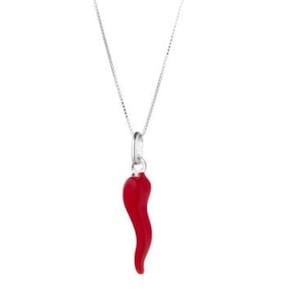 Könnte beinhalten: Eine silberne Kettenkette mit einem roten Chili-Pfeffer-Anhänger.