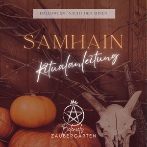Puede incluir: Un fondo de madera con una calavera, calabazas y ramas. El texto "SAMHAIN Ritualanleitung" está escrito en blanco y naranja. El texto "Befenieds ZAUBERGAREN" está escrito en blanco debajo de un pentagrama.