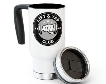 Tazza da viaggio con logo Lift & Yap Club / Bicchiere termico da 414 ml con manico in acciaio inossidabile