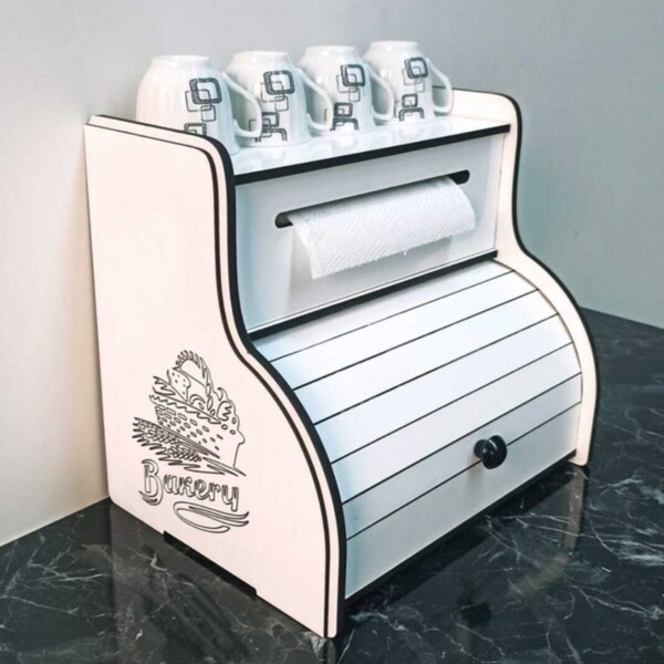 Bread Box with Paper Towel Holder and Cup Shelf and with Decorative Bakery Laser Writing Kitchen Countertop - White
