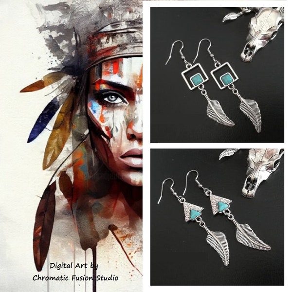 Western Stil Feder Ohrhänger ~ Handgefertigt • Navajo-Stil • Indianerschmuck • Boho • Hippie • Tribal  Dreieck • Quadrat • Türkisschmuck