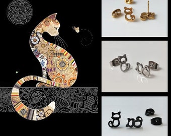 Cute Cat Stud Earrings ~ Stainless Steel • Earrings for Kids • Sweet Earrings • Gifts for Her • Hypoallergenic •  Gold •  Silver • Black