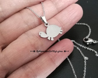 Stainless Steel Necklace w. Smiling Tortoise Pendant ~ Minimalist • Dainty • Gift for Animal Lovers • Pet • Kids' Necklace • Hypoallergenic