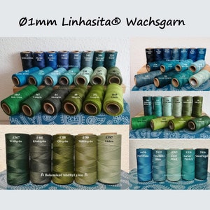 Könnte beinhalten: Eine Sammlung von 1 mm Wachsgarn-Spulen in verschiedenen Grüntönen, Blau- und Türkistönen. Die Spulen sind mit Nummern und Farbnamen in Deutsch beschriftet. Der Text "Ø1mm Linhasita® Wachsgarn" befindet sich oben im Bild.