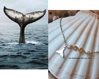 Stainless Steel Wave and Whale Fluke Necklace ~ Minimalist • Whale Tail • Whale Fin • Surfer • Ocean • Gift for Girlfriend • Gift for Her