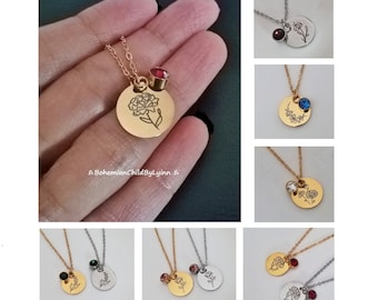 Januar bis Juni Geburtsblume und Geburtsstein Halskette ~ Edelstahl • Geburtstagsgeschenk • Geschenk für sie • Personalisierte Halskette