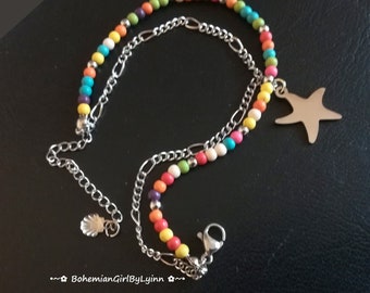 Colorful Beaded/ Stainless Steel Double Layered Bracelet ~ Boho • Hippie • Festival • Goa • Hypoallergenic • Starfish • Girl's Bracelet