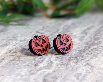 Jack O' Lantern Stud Earrings • Halloween & Harvest Earrings • Hand Engraved Wood Studs • Whimsical Jewelry