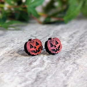 Jack O&#39; Lantern Stud Earrings • Halloween & Harvest Earrings • Hand Engraved Wood Studs • Whimsical Jewelry