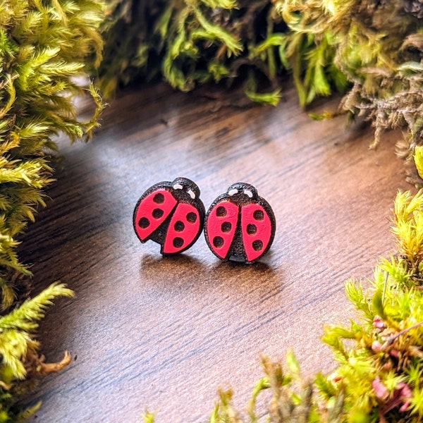 Ladybug Earrings • 4 Colors • Hand Engraved and Painted Wood Studs • Nature Lover's Gift