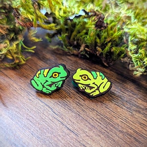 Frog Earrings • 2 Colors Available • Frog Toad Jewelry • Hand Engraved and Painted Wood Studs • Nature Lover's Gift