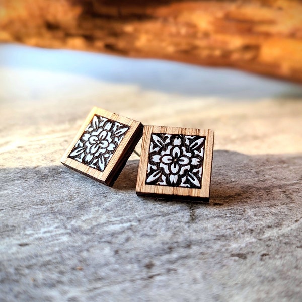 Hand Painted Engraved Wood Earrings • Floral Tile Square Stud Earrings • Black and White Pattern Jewelry • Bridal & Bridesmaid Earrings